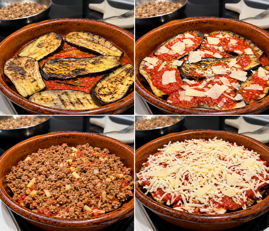 Étapes de préparation des aubergines parmigiana au veau : aubergines grillées au charbon de bois, sauce tomate maison, parmesan, veau haché et mozzarella râpée dans un plat en terre cuite.